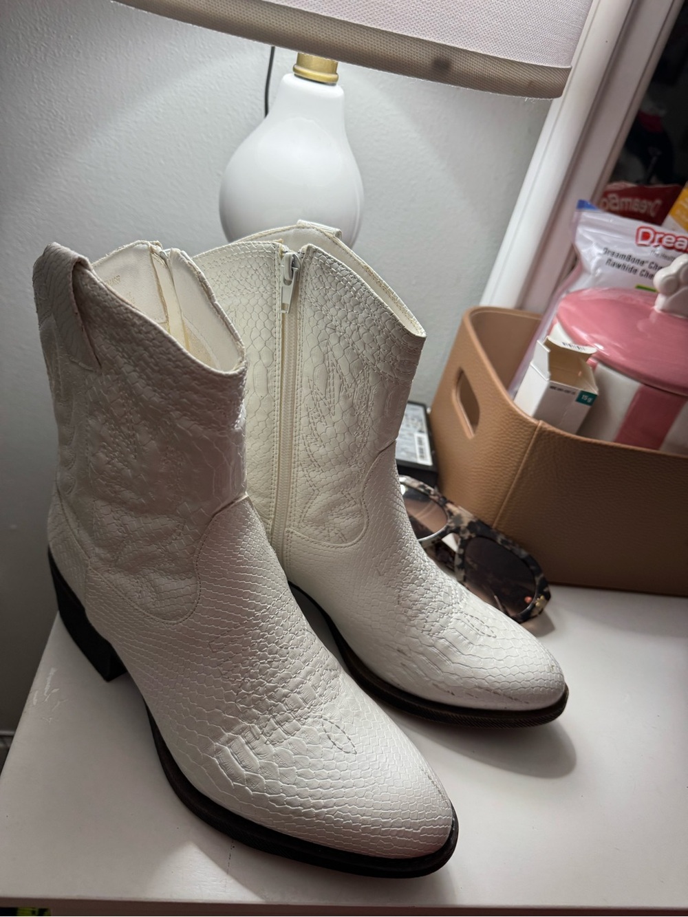Classic White Textured Western Booties with Side Zip
